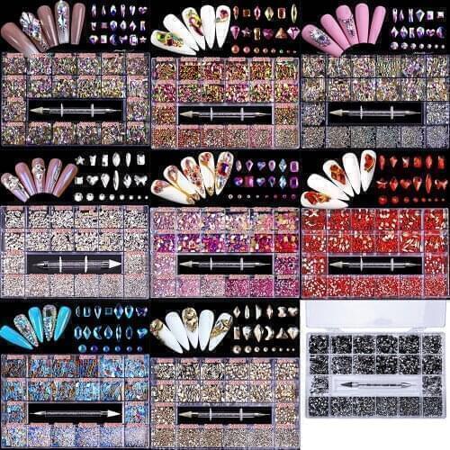 FlorVida Nail Art Rhinestones Kit Acrylic Boxed 21 Grids Mixed Size Set 1pc Pick Up Pen Large Crystal Decorations 3D AB Flat Gem