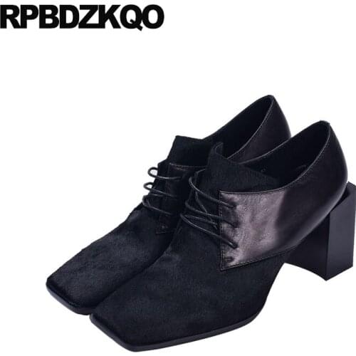 Genuine leather black lace up 3 inch square toe high heels casual shoes women handmade size 4 34 pumps thick customized 2018