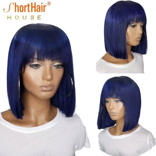 Dark Blue Color Bob Wig With Full Bangs For Black Women Brazilian No Lace Front Straight Human Hair Wigs Full Machine Made Wigs
