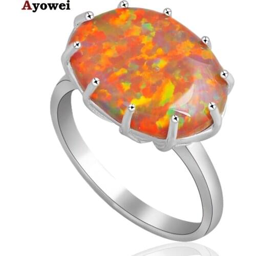 Friend Gift Orange fire Opal Silver Stamped Rings Oval design Delicate fashion jewelry for women Ring USA size #6#7#8#9 OR610A