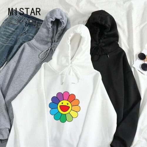 Casual Women Hoodies Plus Size Sweatshirt Smile Sun Flower Tops Hoody Printed Cute Cartoon Long Sleeve white Women Clothing