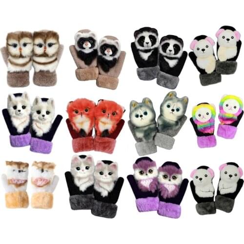 Women Men Winter Knit Gloves Cute 3D Fluffy Cartoon Animal Decor Thickened Plush Lining Windproof Thermal Warm Mittens