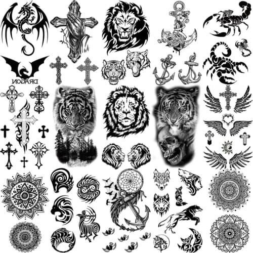 Lion Tiger Dragon Scorpion Thorn Temporary Tattoos For Adult Men Kids Cross Anchor Mandala Fake Tattoo Neck Arm Hand Small Tatoo