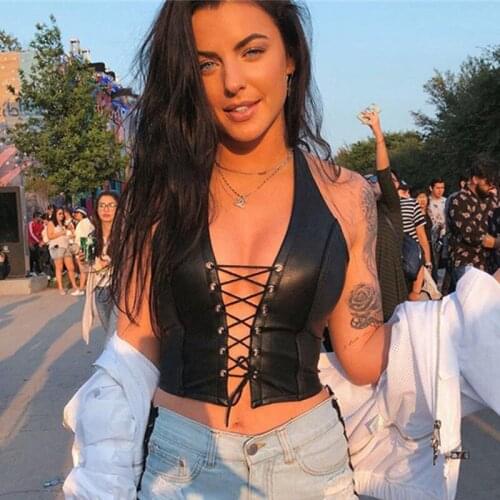 Yiallen Fashion Punk Black Leather Hollwo Crop Tops Womens Camisole 2021Summer Fashion Stretch Tees Slim Soft Leather Tank Tops