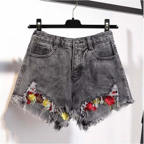 Summer casual denim short shorts high waist lace patchwork floral jean woman women plus size 5xxxxl Bottom overalls koran jeans