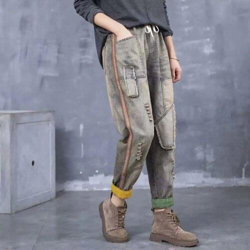 2021Spring Fall New Patch Cowboy Pants Women Retro Stitching Jeans Female Original Elastic Waist Harlan Denim Pants Lady A258