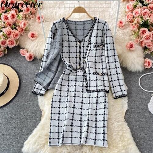 Elegant OL Plaid Knitted Dress 2 Piece Sets Female Single-breasted V-neck Cardigan Sweater Coat + Sleeveless Tank Dress Suits