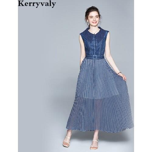 Summer Polka Dot Stitching Cable Lock Denim Long Dress Jurken Zomer 2021 Sleeveless Gothic Women Maxi Dress Vestido Longo K3132