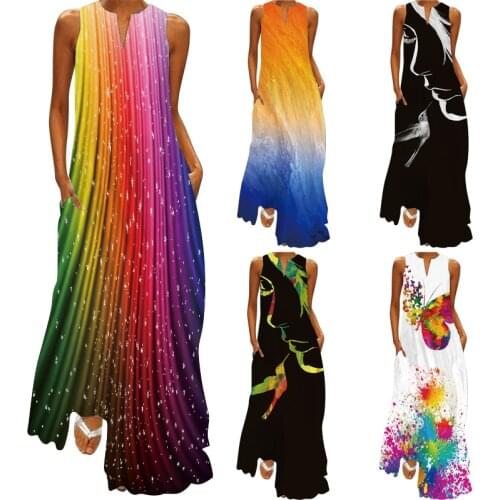 Womens Beach Loose 3D Printed Pocket Dress 2021 Casual Plus Size Holiday Floral Maxi Dress Female Bohemian Fashion Dresses