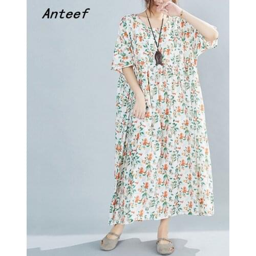 Short sleeve cotton vintage floral dresses for women casual loose long summer dress elegant clothes 2021 sundress