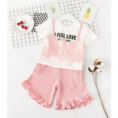 2-8 Years Girls Clothing 2 Piece 2018 Summer Baby Girls Lace Splice Letter T-shirt and Wide-legged Shorts Kids Clothing Set
