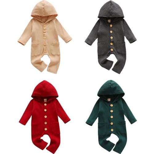 2020 Infant Baby Girls Boys Clothing Long Sleeve Single-breasted Solid Color Hooded Romper Jumpsuits Toddler Clothes 0-18M