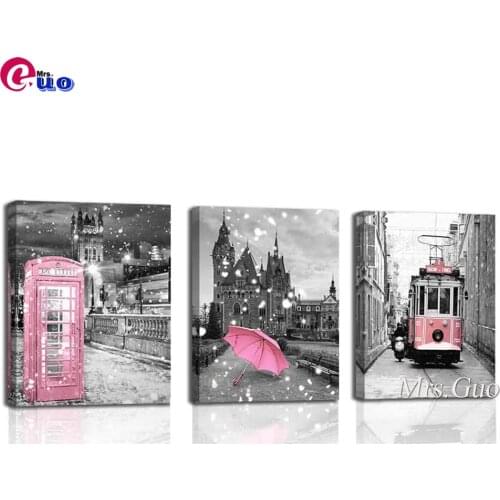 Diamond Painting 3 Pieces London Big Ben Tower Landscape Diamond Embroidery Pink Bus Winter Snow Scene Black And White Triptych