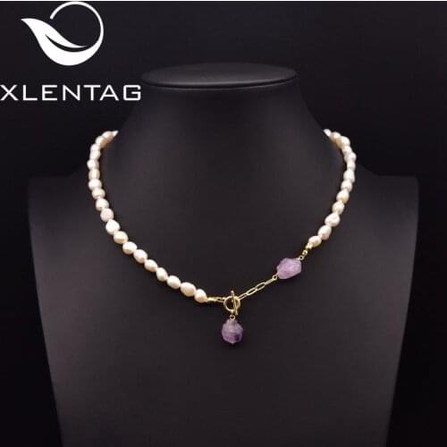 XlentAg Handmade Amethyst Natural Freshwater Pearl Pendant Asymmetric Necklace Women High-end Luxury Gift Jewelry GN0296