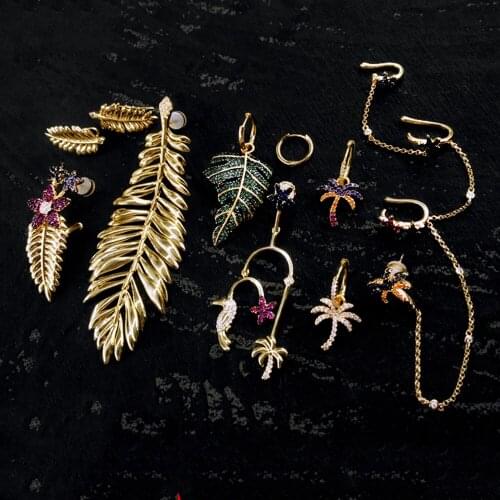 Bewill 925 Sterling Silver Zircon Tropical palm Leaf Earrings Drop Earrings Golden Luxury Brand Monaco Jewelry Gift