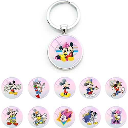 Disney Mickey Mouse Print Cartoon Keyring Creative Gifts for Girls Boys Charm Fashion Glass Cabochon Pendant Keychains MIK720-25