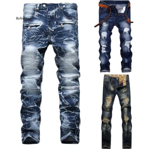 High Quality Men Casual Ripped Jeans Washed Straight Slim Pleated Motorcycle Biker Jeans Pants Male Denim Trousers Plus Size 42