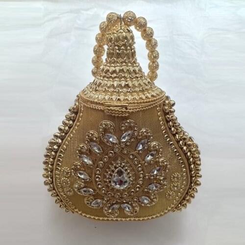 DOYUTIG Elegant Indian Style Womens Metal Beaded Bucket Bag Lady Handmade Crystal Wedding Handbag Luxury Party Evening Bag F786
