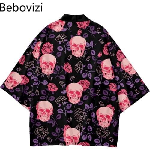 Pink Rose Skull Print Haori Fashion Beach Japanese Kimono Kimetsu No Yaiba Robe Cardigan Men Shirts Yukata Womens Clothing