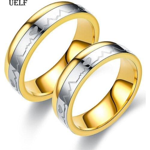 Uelf Titanium Steel Heart Beat ECG Lovers Couple Rings Gold Wave Pattern Wedding Promise Ring For Women Men Engagement Jewelry