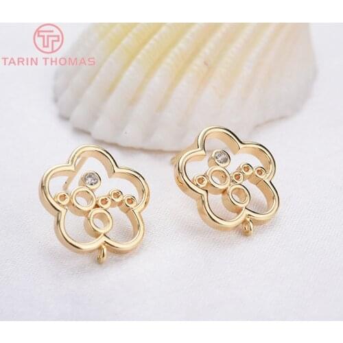4PCS 14MM 24K Gold Color Brass with Zircon Flower Stud Earrings High Quality Diy Jewelry Findings Accessories