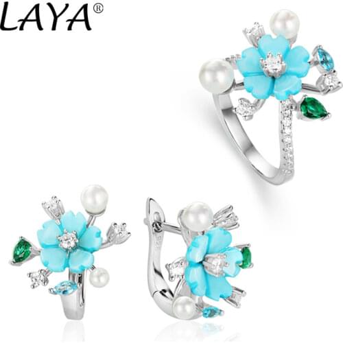 Laya 925 Sterling Silver Summer Hot Luxury Jewelry High Quality Zircon Natural Shell Flower Cilp Earrings Ring Sets For Women