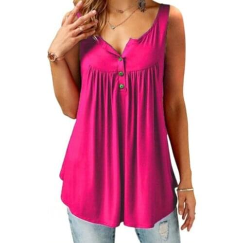 Summer Women Casual T-shirt Solid Color Loose Large Size Sleeveless Mid-length Buttoned Vest d88