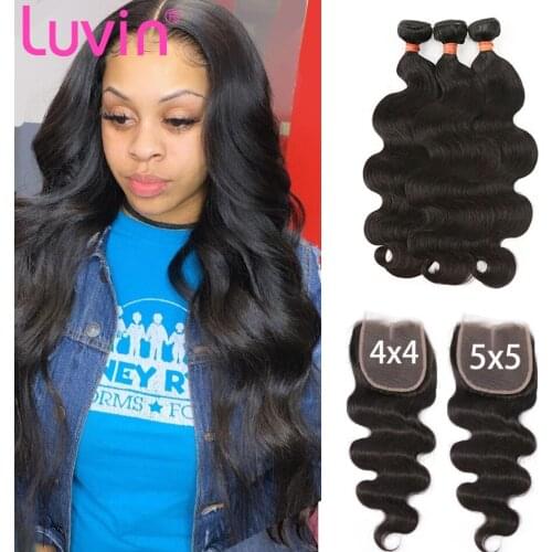 Luvin Hair Body Wave Human Hair Bundles With Closure Lace Closure Brazilian Hair 3/4 Bundles With Closure 40 Inches Extension