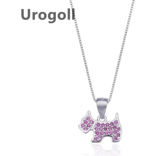 Fashion Women Pure 925 Sterling Silver Puppy Shape Inlaid Purple Zircon Pendant Necklace Chain Jewelry Accessory For Girl Gift