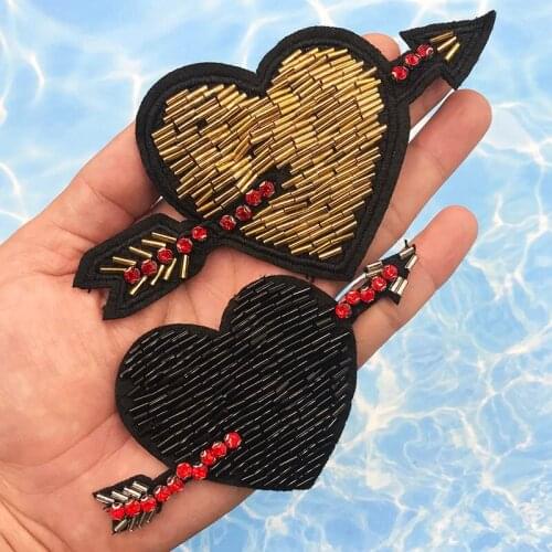 Fashion Black color golden color Heart Handmade Rhinestone Beaded Patches for Clothing DIY 3d Embroidery Patch Appliques