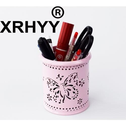 XRHYY Metal Pink Creative Round Hollow Pen Holder Multifunction Butterfly Pattern Pencil Cup Pen Pot Container Desktop Organizer