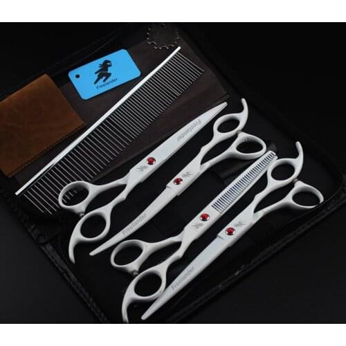 7 inch pet grooming scissors set haircut artifact white 4pc combination straight scissors curved scissors hair thinning scissors