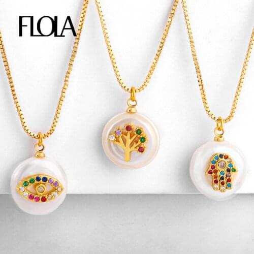 FLOLA Rainbow Evil Eye Necklaces For Women Pearl Fatima Hand Pendant Necklaces Tree Of Life Cubic Zirconia Gold Jewelry nkep66
