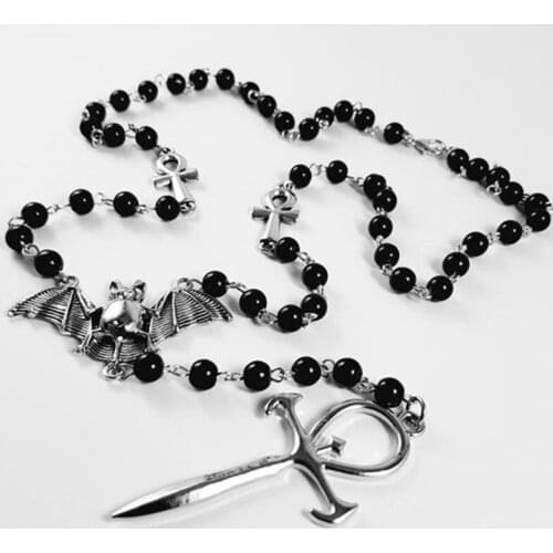 Gothic Vampire Ankh Rosary Occult Vamp Beads Bat Pendant Necklace Gift For Women Best Friends Handmade Jewelry Wholesale