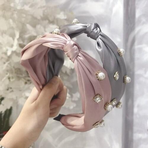 Silk Crystal Pearl Knot Hairbands For Women Solid Headband Girls Hair Accessories Hair Band Flower Crown Headbands Head Wrap