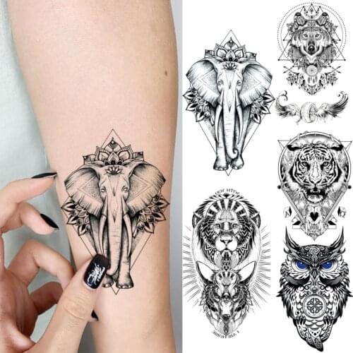 Realistic Indian Elephant Temporary Tattoos For Men Women Geometric Tiger Owl Fake Tattoo 3D Body Art Decoration Tatoos Paper