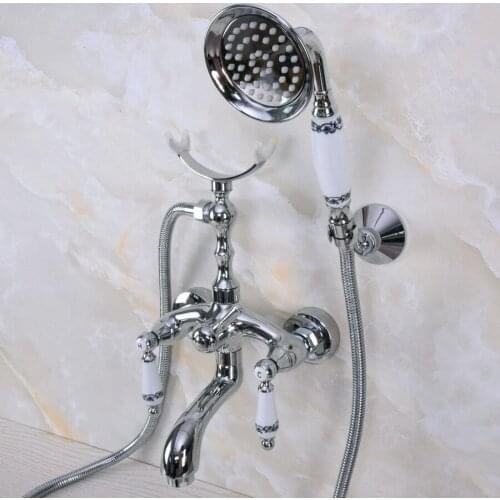 Modern Wall Mount Polished Chrome Brass Bathroom Tub Faucet Clawfoot Hand Shower Mixer Tap Telephone Shape Hand Spray ana246
