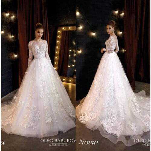 2020 Long Sleeve Wedding Dress A Line Lace Applique Jewel Neck Beach Vestido De Noiva Sweep Train Plus Size Wedding Gowns