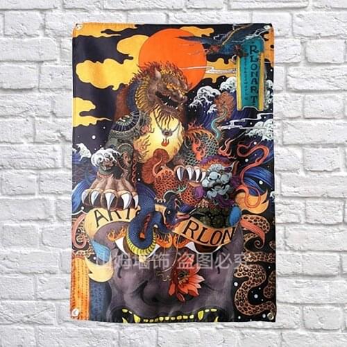 Japan Ukiyo-e RLONART Tattoo Poster Banners Dormitory bedroom classroom Wall Decoration Hanging Art Waterproof Cloth Flags