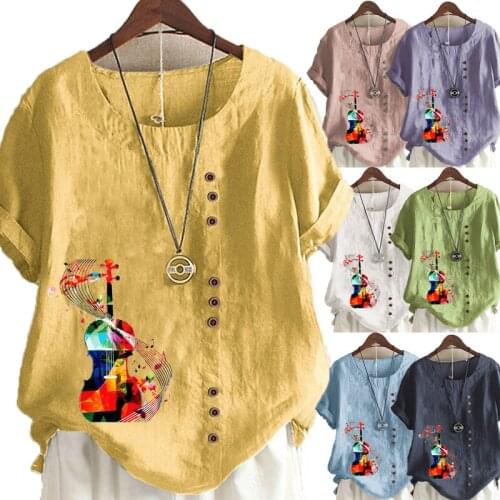 Womens Fashion Linen Shirt Printed T-shirt Summer Short Sleeve Tops O-neck Loose Blouse S-5XL