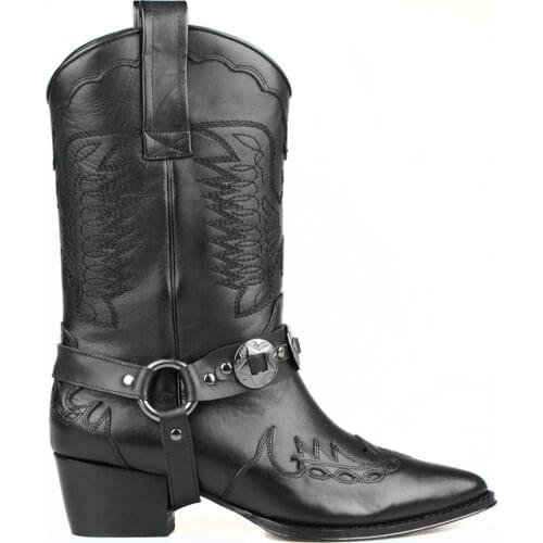 FootCourt- Black Genuine Leather Cowgirl Boots Embroidered Lady Mid-Calf Designers Boots For Women Autumn Winter Handmade