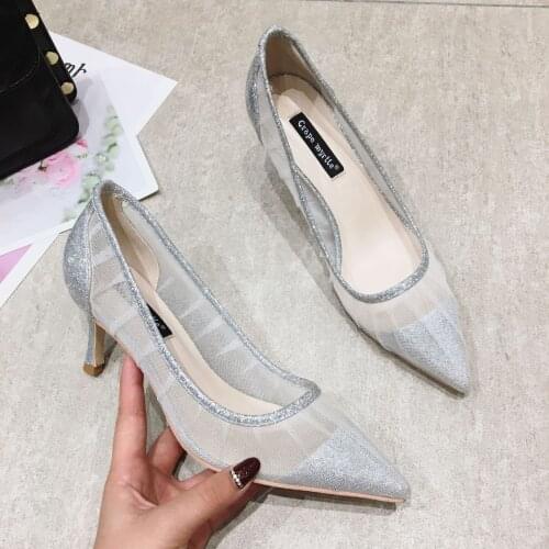 Womens High-Heeled Wedding Shoes 2020 New Style Thin Heeled Silver Paillette Shallow Mouth Single Shoes Mesh Pointed Shoes