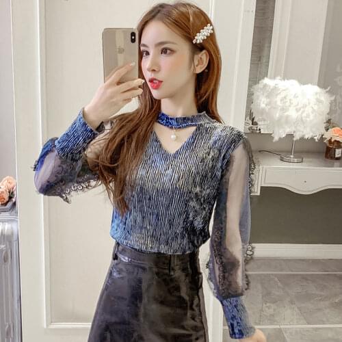 Women Spring Autumn Style Lace Blouses Shirts Lady Casual Long Transparent Sleeve V-Neck Blusas Tops ZZ0200