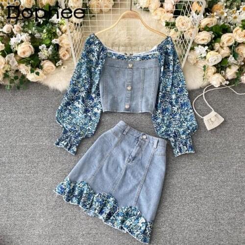 Fashion Denim Short Skirt Suit Womens Floral Puff Sleeve Stitching Jean Shirt Crop Tops Femme Ruffles Hip Skirt Two-Piece Sets
