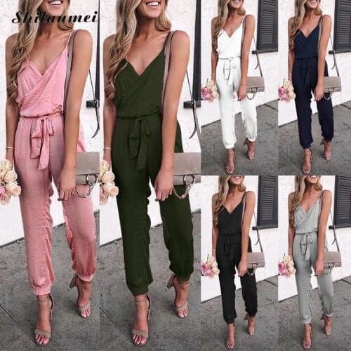 Fashion XXXL Plus Size Women Jumpsuit Cotton Summer Sleeveless Solid Sexy Deep V Female Casual Long Playsuit Backless Overalls