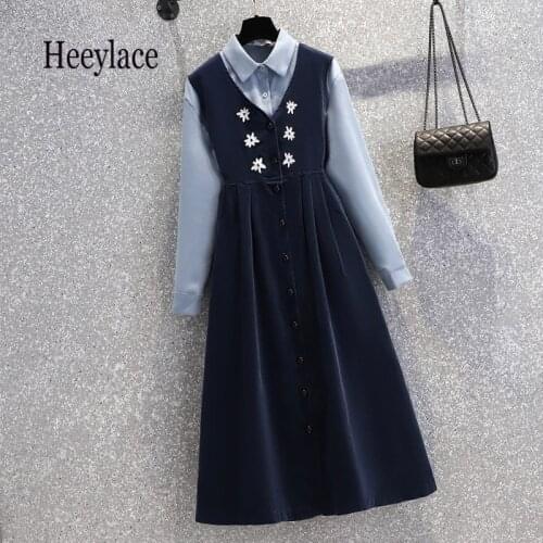 Plus Size Dresses 4XL Women Polo Collar Long Sleeve Blouse And Vest Dresses Two Pieces Set Korean Elegant Vintage Autumn Sets