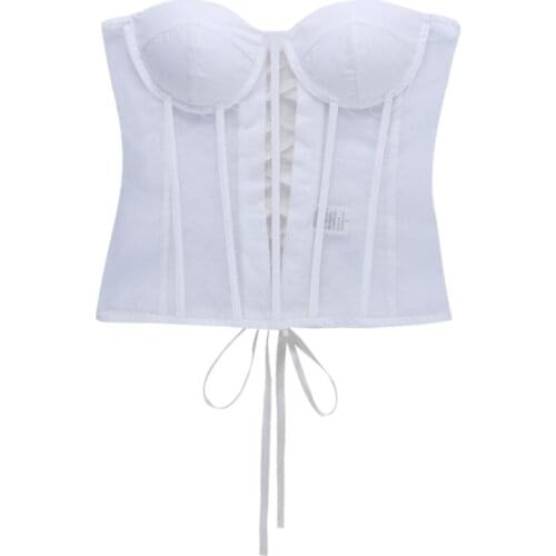 Women Sexy Mesh Patchwork Bustier Corset Strapless Lace-Up Waist Cincher Tops LX9E