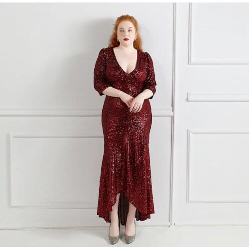 Burgundy Sequins Simple Evening Dress Sexy Deep V-Neck Half Sleeves A-Line Pleat Ankle-Length Plus Size Women Formal Gowns D1259