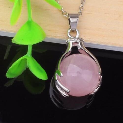 100-Unique 1 Pcs Silver Plated Rose Pink Quartz Round Beads Hand Shape Pendant Jewelry for Necklace Jewelry