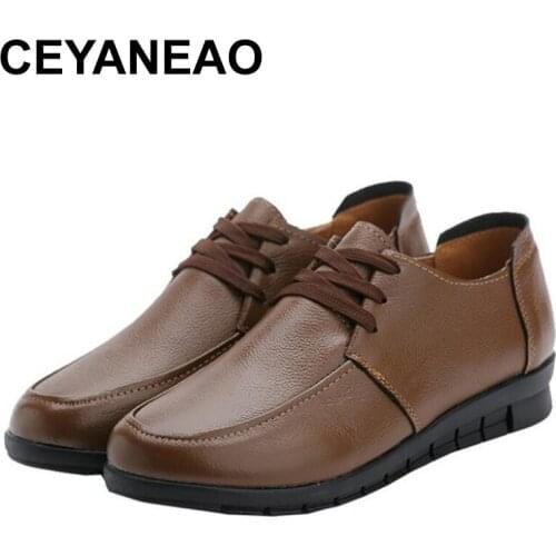 CEYANEAOTop quality spring autumn fashion genuine leather shoes woman casual lace-up flat shoes comfortable non-slip women